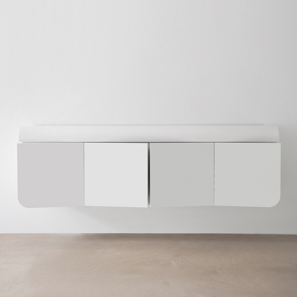 RKNL design dressoir in hoogglans wit – hangend zwevend dressoir 4-deurs, handgemaakt in Nederland