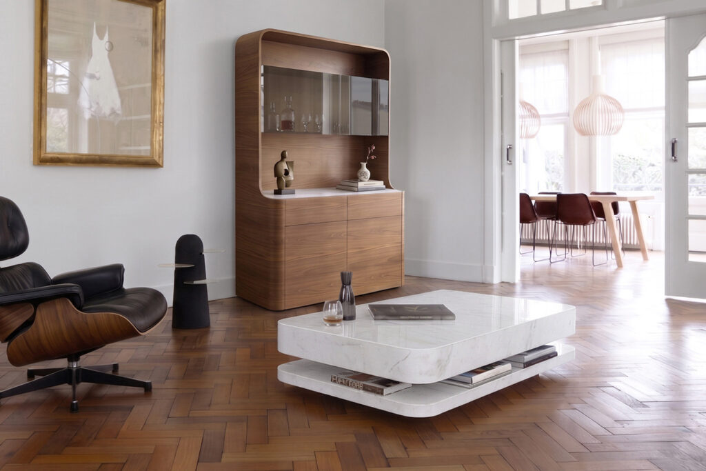 Table basse en marbre blanc dans un salon avec fauteuil Eames en cuir noir, buffet en noyer et parquet en chevrons