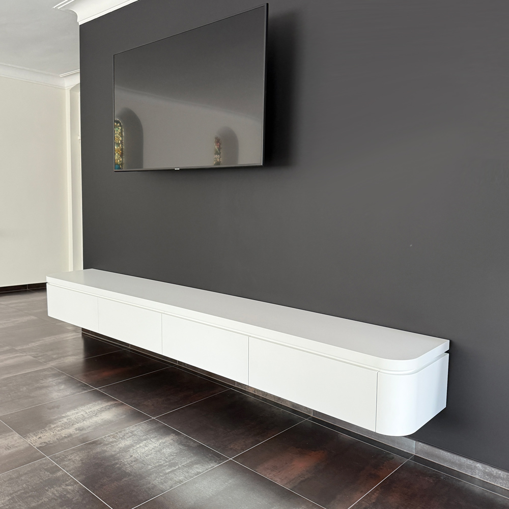 Hangend TV meubel Deco in witte lak aan de wand, met zwevend bovenblad