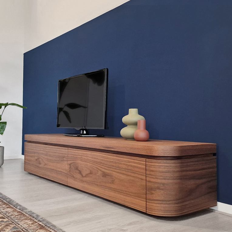 RKNL TV-kast Deco in notenfineer – Art Déco design TV-kast 180cm, zwevend bovenblad boven compartiment voor apparatuur