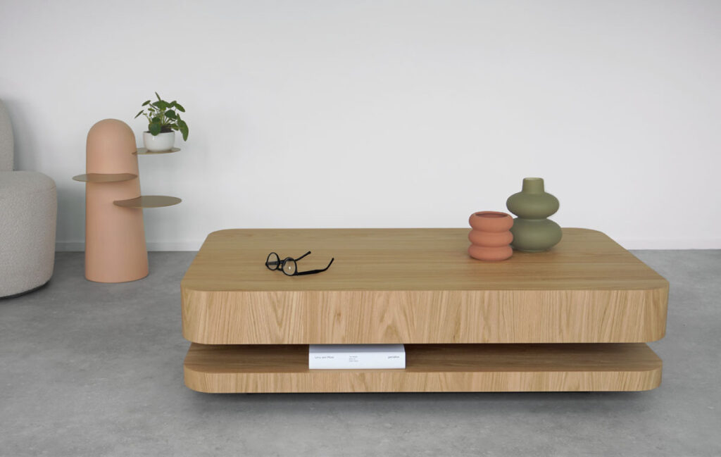 RKNL moderne eiken design salontafel – zwevend ontwerp in eiken of notenhout, 120 x 70 x 32 cm, handgemaakt in Nederland