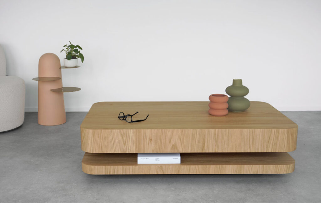 RKNL moderne eiken salontafel – zwevend minimalistisch ontwerp in licht eikenfineer, handgemaakt in Nederland