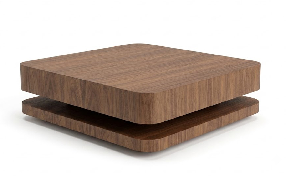 Design salontafel RKNL in notenhout - minimalistische houten salontafel op een witte achtergrond
