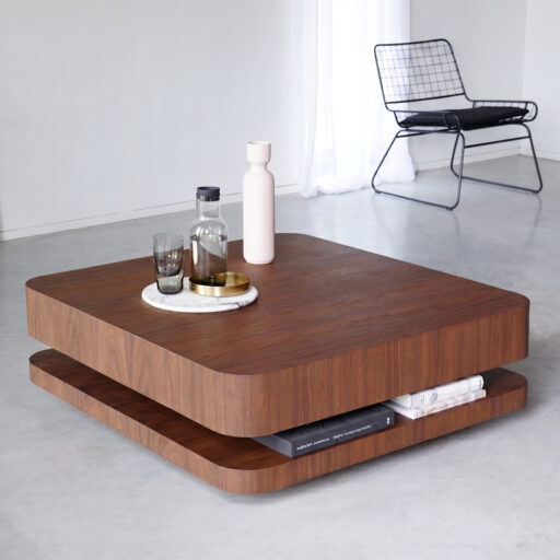 Table basse en noyer RKNL, deux plateaux avec rangement